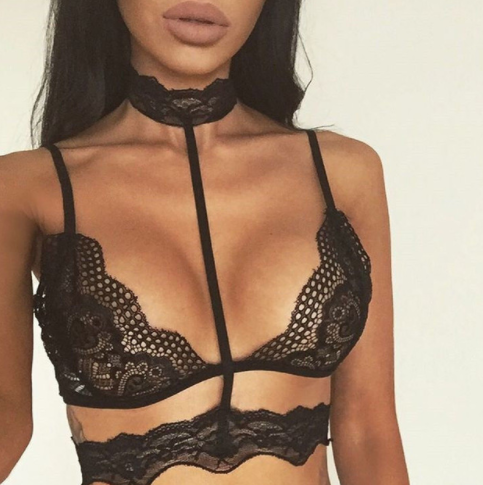 Crop Tops Lace Choker w/ Sheer Bralette